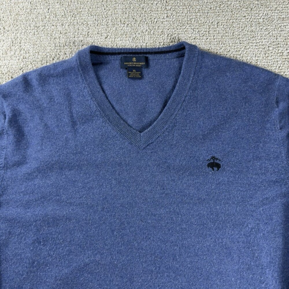 Brooks Brothers Extra Fine Merino Wool V-Neck Sweater Blue Men’s Size XL - Picture 2 of 8